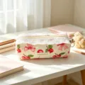 Detailed view of the Korean floral lace pencil case with cute cherry and bow pattern. - 19x6x7cm / Cherry