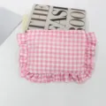 Pink plaid cosmetic bag with ruffles, cute portable makeup pouch for daily use and travel. - 22*17 / Pink Plaid