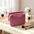 Pink corduroy makeup bag detail, soft travel cosmetic pouch with zipper, vanity organizer. - 18x9x13cm / Lotus root pink