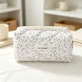Quilted floral cosmetic pouch for daily storage, portable fabric makeup bag with zipper closure. - Light Purple Flower Medium Pencil Case