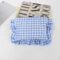 Blue and white gingham ruffle cosmetic bag, cute portable canvas toiletry pouch for women. - 22*17 / Large Blue Plaid