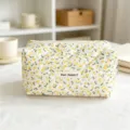 Quilted floral cosmetic bag, cute yellow flower print makeup pouch for daily storage and travel. - Light Yellow Flower Medium Pencil Case