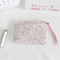 Pink leopard print canvas coin purse with zipper closure and portable wrist strap for daily use. - 16x11x2cm / Pink