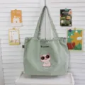 Bolso tote de lona con bordado de cerdo de dibujos animados, bolso de hombro verde casual diario. - Verde Frijol