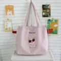 Bolso tote de lona bordado con cordón, bolso de hombro de gran capacidad para mujeres. - Rosa