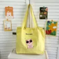 Bolso Tote de Lona Amarilla Cerdo de Dibujos Animados Bordado Cordón Hombro - Amarillo