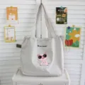 Bolso tote de lona casual con bordado de cerdito lindo, cierre de cordón, gran capacidad diaria. - Gris