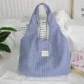 Blue and white gingham tote bag close up, casual canvas shoulder bag detail view. - 43*9*52cm / Royal Blue Plaid
