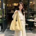 Retro corduroy polka dot tote bag for women, large capacity casual shoulder bag, chic. - Yellow