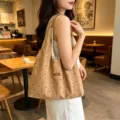 Retro suede polka dot shoulder bag, large capacity casual tote bag for women daily commute. - Khaki