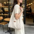Vintage suede polka dot tote bag, casual daily minimalist shoulder bag for women. - Off White