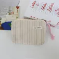 Cute striped canvas coin purse with lanyard, mini portable zipper pouch for cards lipstick. - 16*2*10 cm / Pink and Coffee Striped