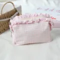 Rosa Karo Rüschen Kosmetiktasche, süße Reißverschluss Aufbewahrung für Make-up und Zubehör. - Hellrosa Karo