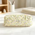 Quilted floral cosmetic bag detail close-up, cute stationery pencil case with smooth zipper. - Light Yellow Flower Pencil Case