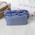 Koreanischer Stil blau-weiße Karo-Kosmetiktasche mit Rüschen, große Aufbewahrungstasche. - Königsblau Kariert