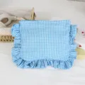 Blaues Karomuster Kosmetiktasche mit Rüschen, große Kapazität tragbarer Make-up Organizer. - See-Blau Kariert