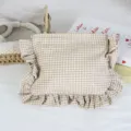 Niedliche karierte Kosmetiktasche mit Rüschen, tragbare Make-up-Tasche für den Alltag. - Khaki Kariert