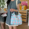 Sac cabas en toile à carreaux bleu et rose style coréen, grand sac fourre-tout pratique. - Mignon Bleu Carreaux