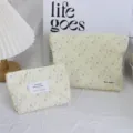 Corduroy floral cosmetic bag portable makeup pouch cute storage bag for daily organization - Cream Blue-Purple Floral Set