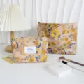 Retro embossed jacquard cosmetic bag set, portable canvas makeup pouch with zipper storage. - Assorted Elements / Yellow Orange Jacquard