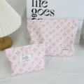 Cute pink corduroy floral cosmetic bag, portable zipper makeup pouch for women and girls daily use. - Pink Grid Floral Set