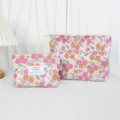 Vintage floral cosmetic bag set, canvas makeup pouch with zipper and jacquard design. - Assorted Elements / Orange Pink Small Flower