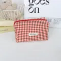 Red white gingham cosmetic pouch detail shot, cute canvas zipper storage bag lifestyle prop. - 16*8*9cm / Red and Yellow Gingham