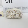 Cute floral half-round coin purse canvas makeup bag with zipper and aesthetic label design. - Apricot with White Flower