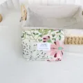 Detailed view of retro floral jacquard cosmetic pouch, portable canvas makeup bag texture. - Lipstick Pouch / Fluorescent Cosmos Beige