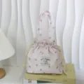 Detalle bolso de mano cordón corduroy rosa, lindo estampado lazo bolsa bento almacenamiento. - Lazo Gris Rosa Claro