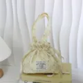 Bolso de mano con cordón de pana floral, bonita bolsa bento pequeña, bolso portátil. - Amarillo Crema Flores Azul Morado