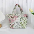 Close-up detail of the vintage floral jacquard lunch bag showing exquisite fabric texture. - Fluorescent Cosmos Beige
