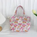 Close-up detail of the vintage floral jacquard bento bag, showing exquisite fabric texture. - Pink Orange Small Flowers