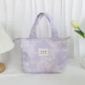 Vintage purple floral jacquard lunch bag, elegant handbag with zipper closure and cute front label. - Light Purple Jacquard