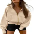 Women full zip cropped hoodie casual long sleeve sweatshirt comfortable outerwear top for daily wear - S / Tops / Apricot
