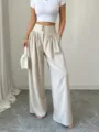 High waist three button wide leg casual trousers drape loose fit summer fashion women pants - S / Apricot