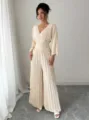 Elegant V-neck pleated wide-leg jumpsuit for women, perfect for daily commute and stylish office wear. - S / Apricot Long Sleeve