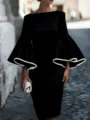 Black bodycon dress featuring dramatic white-trimmed bell sleeves and elegant slim fit style. - S / Black