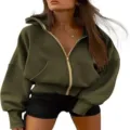 Women's zip-up cropped hoodie long sleeve fleece sweatshirt casual autumn winter apparel detail. - S / Tops / Army Green