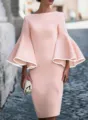Chic contrast trim bell sleeve bodycon dress detail, elegant slim fit party wear design. - S / Pink