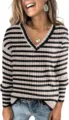 Detailed view of the stylish striped V-neck knit sweater featuring long sleeves and cozy cotton. - S / Black and Gray