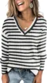 Close-up detail of the black and white striped V-neck long sleeve knit sweater texture. - S / Black & White Stripes