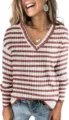 Women's stylish striped v-neck long sleeve knit top casual autumn winter pullover sweater - S / White and Pink