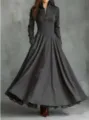 French vintage faux suede maxi dress with lace trim, long sleeves and button front design. - S / Dresses / Gray