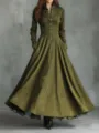 Vintage French faux suede long sleeve maxi dress with lace trim, elegant button-down style. - S / Dresses / Olive Green