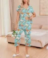 Women's floral print short sleeve pajama set casual two piece sleepwear with capri pants. - S / Sky Blue