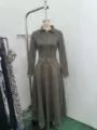 French vintage faux suede long sleeve shirt dress with delicate lace trim for daily wear. - S / Clear