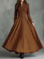 Detailed view of women long sleeve vintage faux suede maxi dress with button front and lace hem. - S / Orange