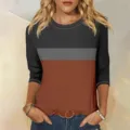 Details of casual color-block 3/4 sleeve crewneck t-shirt for women daily wear style. - S / Black Carmine