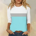 Details of the womens color block 3/4 sleeve casual round neck t-shirt in white grey and blue. - S / White Blue